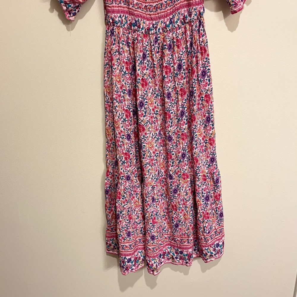 Pink Floral Smocked Dress Short Puff Sleeves Medium Vacation Spring Break Cruise - Picture 4 of 5